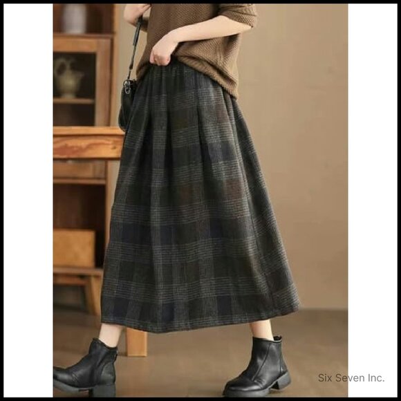 Vintage Plaid Wool Skirt High Elastic Waist A-Line Pleated Midi Long - Picture 3 of 5